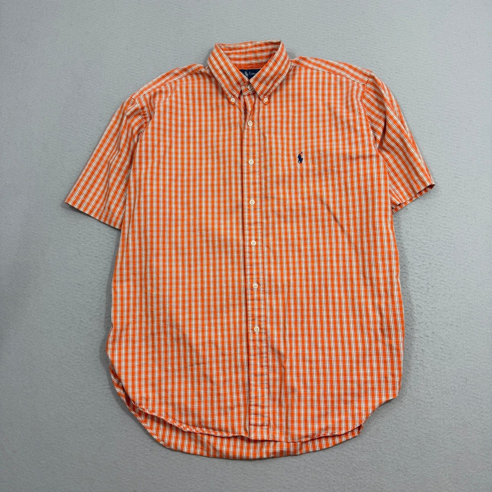 Polo Ralph Lauren Button Shirt Large Orange Blake Plaid Short Sleeve Vintage